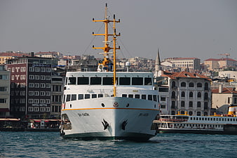 White Ferry Ship Sailing in Istanbul Bosphorus Strait