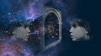 Surreal digital art of girl's face and stone arch in starry space