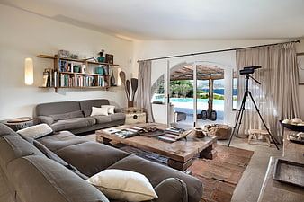 Rustic Mediterranean Living Room With Sea View And Pool