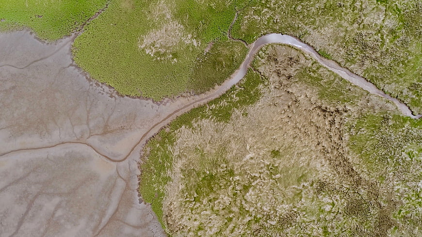 Aerial view of winding river channel through green marshland