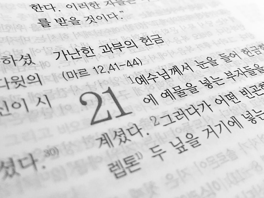 Close-up of Korean Bible Text with Chapter Number 21
