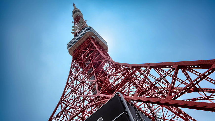Low Angle View of Tokyo Tower Red Lattice Structure