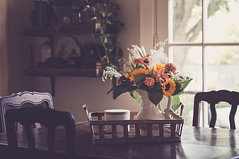 Rustic Sunflower Bouquet in White Vase on Wooden Dining Table