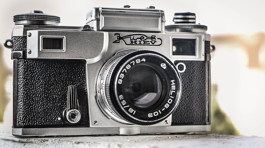 Vintage Kiev Film Camera with Helios Lens Close-Up