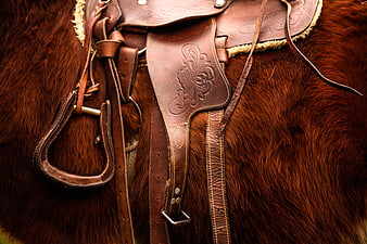 Close-up of Western Leather Horse Saddle on Brown Fur