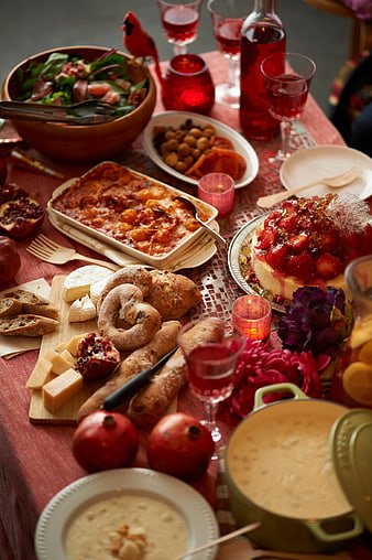 Festive Holiday Table Setting with Cheese, Bread, and Red Wine
