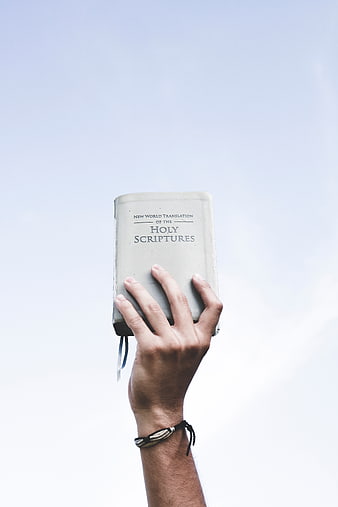 Hand Holding Holy Scriptures Against Blue Sky