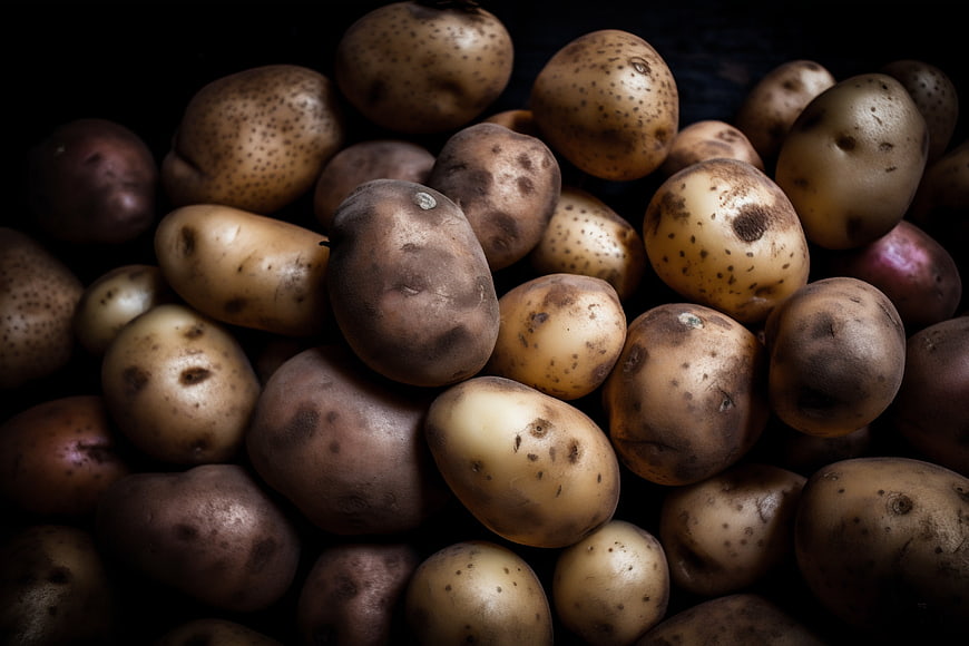 Close-up of raw potatoes on dark background