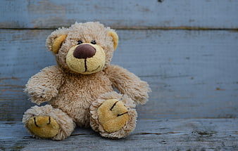 Cute beige teddy bear sitting on rustic blue wooden background