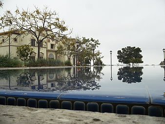 Reflective pool with building and trees on overcast day