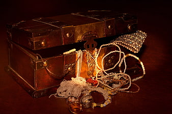 Vintage Wooden Treasure Chest Overflowing With Antique Jewelry And Pearls