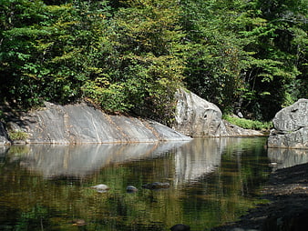 Serene River Flowing Past Large Granite Boulders in Forest