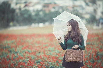 Woman with umbrella and basket in red flower field
