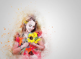 Artistic woman holding sunflowers with watercolor splatter effect