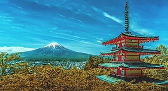 Red Chureito Pagoda with Mount Fuji in Autumn