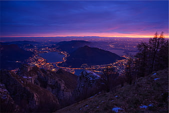 Panoramic Twilight View of Lake Como City Lights from Mountain