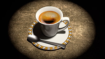 Espresso cup on patterned saucer with spotlight
