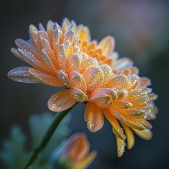 Close-up of Orange Chrysanthemum with Dew Drops