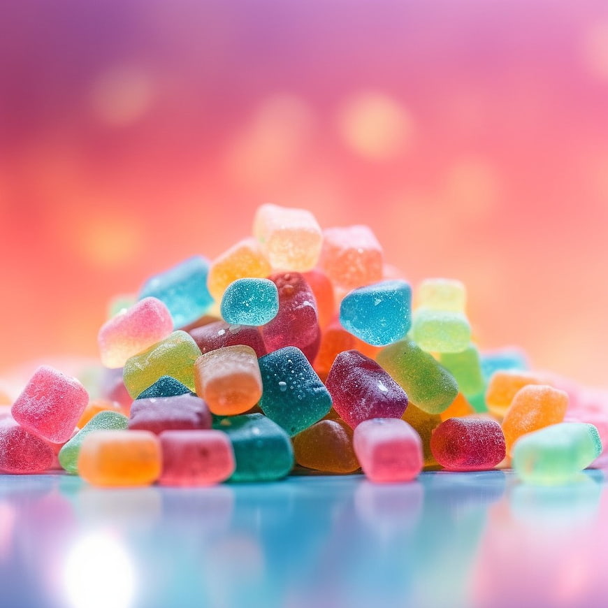Colorful Gummy Candy Cubes on Reflective Surface