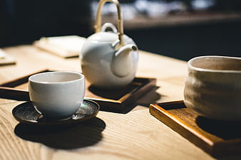 Ceramic Tea Set on Wooden Tray