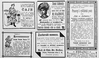 Vintage Czech newspaper advertisements page with historical illustrations