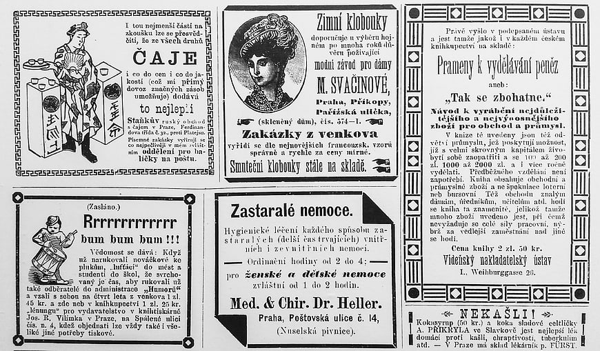 Vintage Czech newspaper advertisements page with historical illustrations