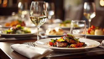 Elegant Grilled Fish Dish with Wine in Upscale Restaurant