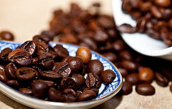 Roasted Coffee Beans In Blue And White Ceramic Bowl