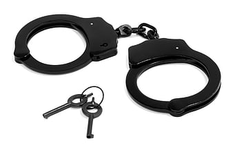 Black Handcuffs and Keys on White Background