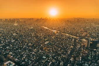 Aerial View of Tokyo Cityscape at Golden Hour Sunset
