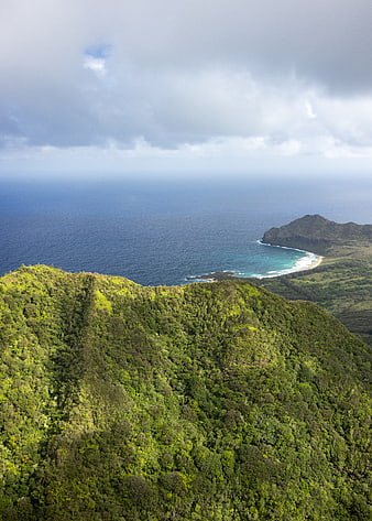 Aerial View of Lush Green Mountains and Turquoise Coastline
