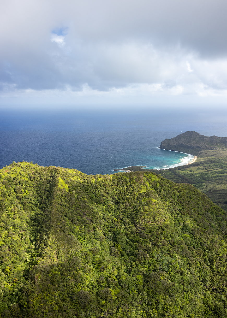 Aerial View of Lush Green Mountains and Turquoise Coastline