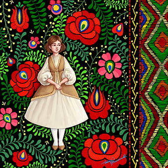 Illustration of girl in traditional dress with vibrant floral embroidery pattern