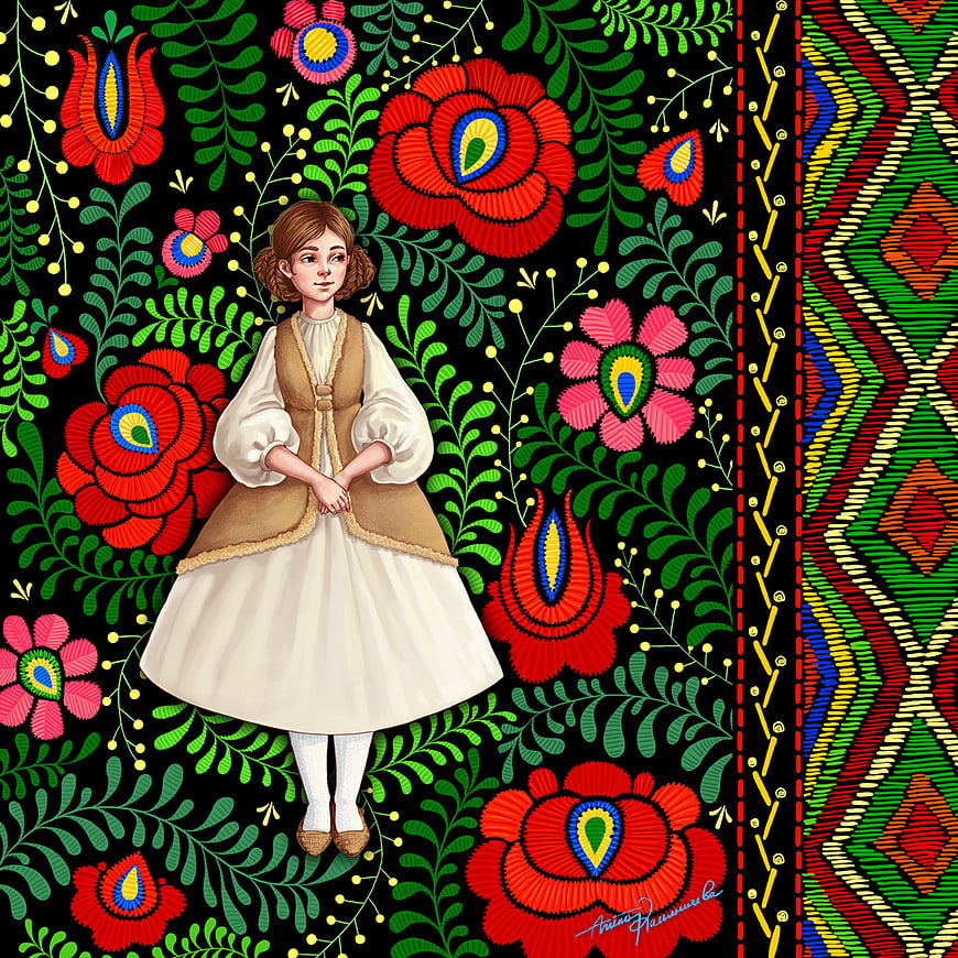 Illustration of girl in traditional dress with vibrant floral embroidery pattern