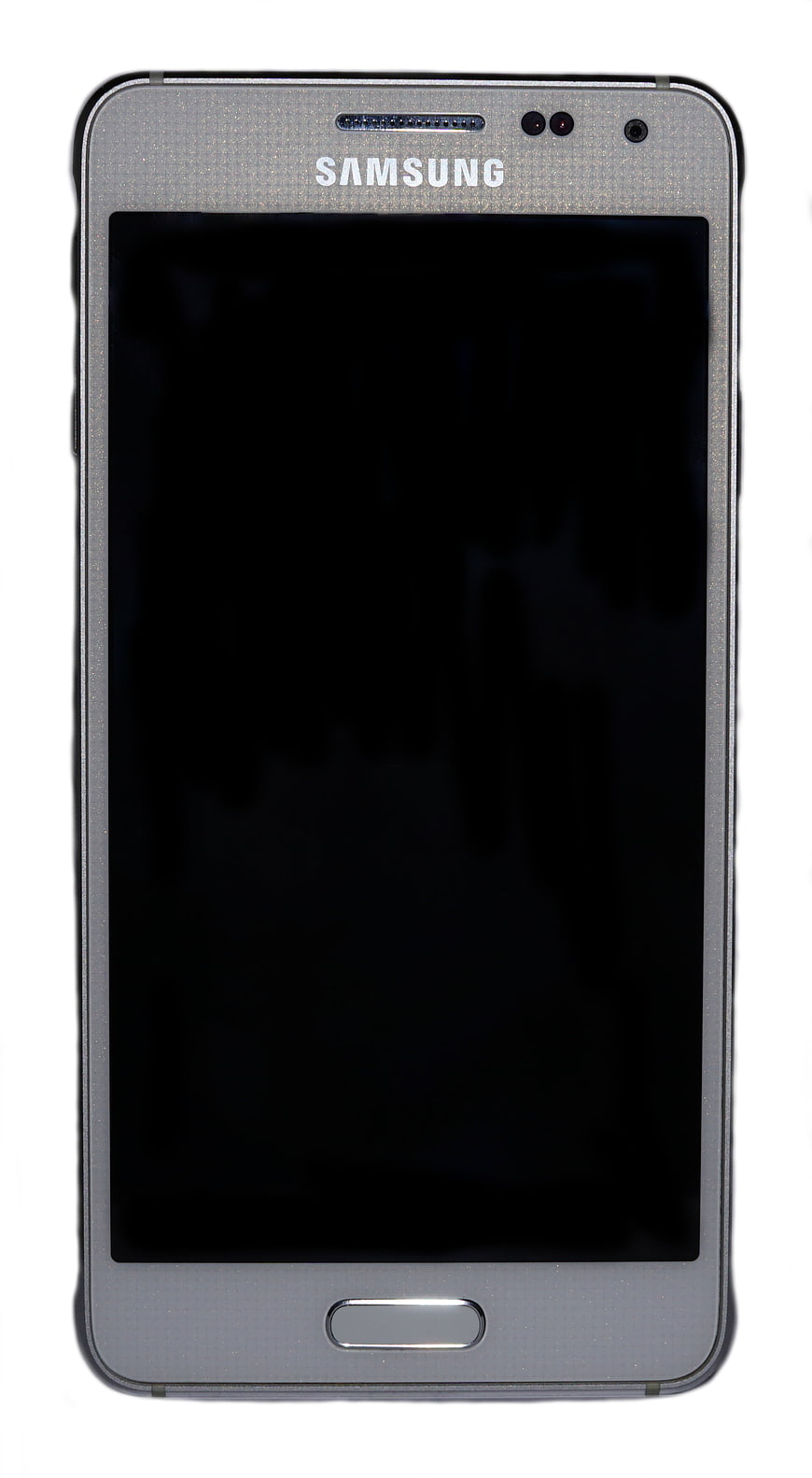 Front View of Silver Samsung Galaxy Smartphone on White Background