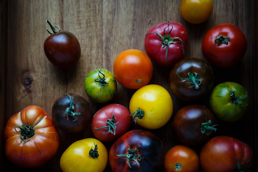 Colorful heirloom tomatoes on rustic wooden background
