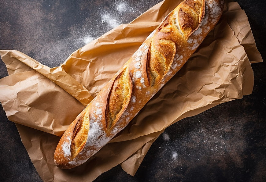 Fresh Artisan Baguette on Crumpled Brown Paper