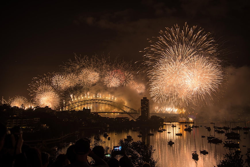 Sydney Harbour Bridge fireworks display at night