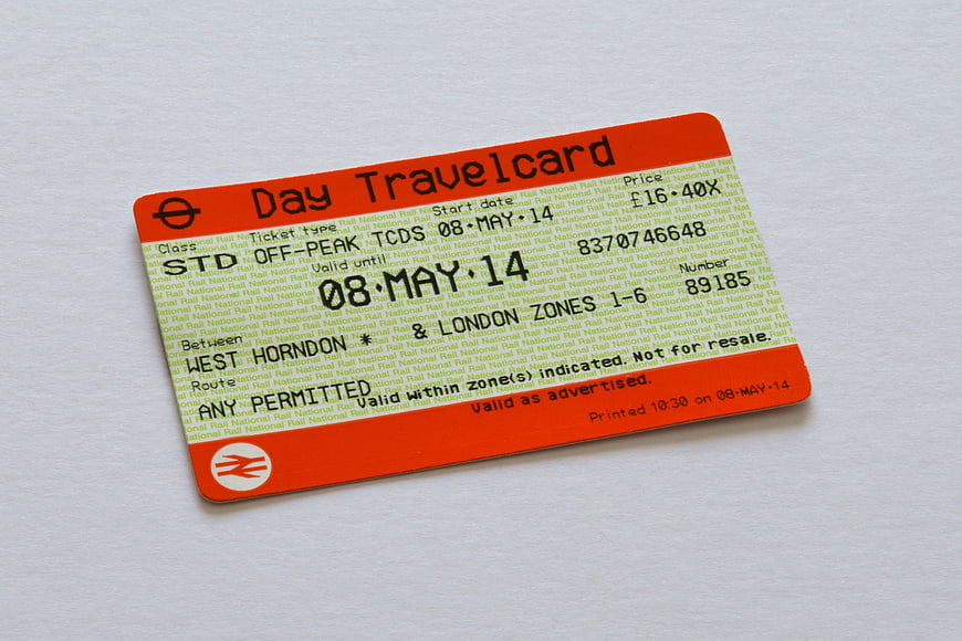 London Day Travelcard Ticket on White Background