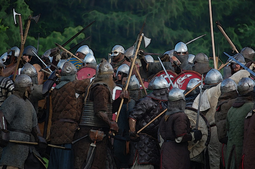 Medieval warriors in armor clashing with swords and shields