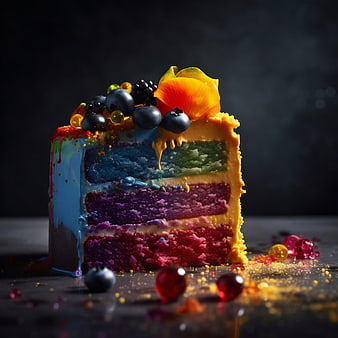 Vibrant Multi-Layered Rainbow Cake Slice with Berries