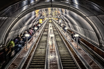 St. Petersburg Metro Station Escalator Tunnel With Motion Blur