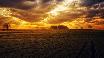 Dramatic Golden Sunbeams Breaking Through Clouds Over Plowed Field