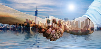 Double Exposure Handshake With City Skyline And Water Reflection