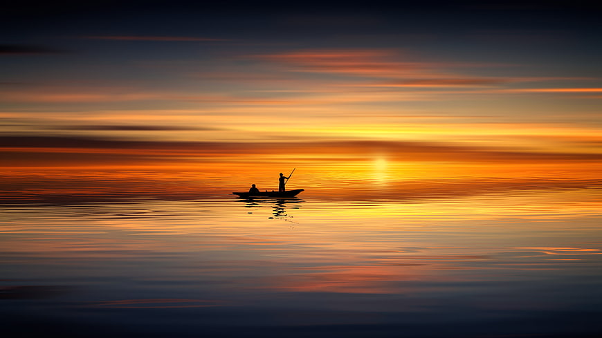 Silhouette of Fisherman in Small Boat on Calm Water at Sunset