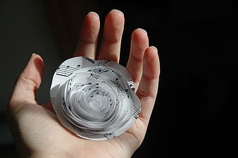 Hand holding paper rose made from sheet music