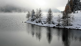 Serene Winter Lake Landscape with Snowy Trees and Mist