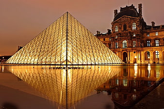 Louvre Pyramid Reflection at Night in Paris