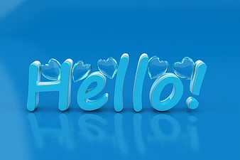 3D Hello Text With Glass Hearts On Blue Background
