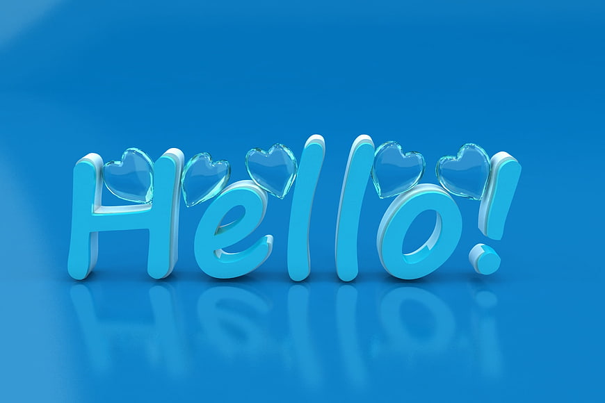 3D Hello Text With Glass Hearts On Blue Background
